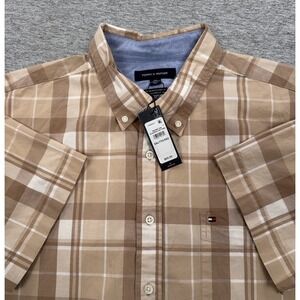 Tommy Hilfiger Shirt Mens XXL Beige Plaid Short Sleeve Button Down Stretch NEW